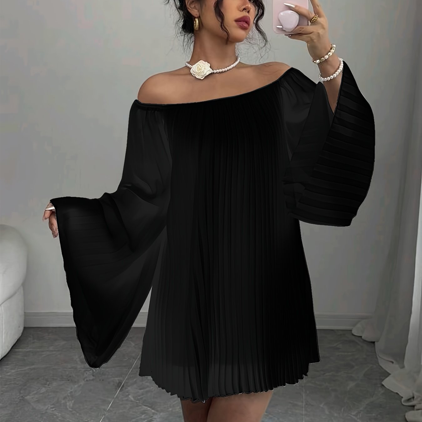 Bardot Party Dress for Women – Long Sleeve, Pleated Chiffon, Off-Shoulder Mini Dress