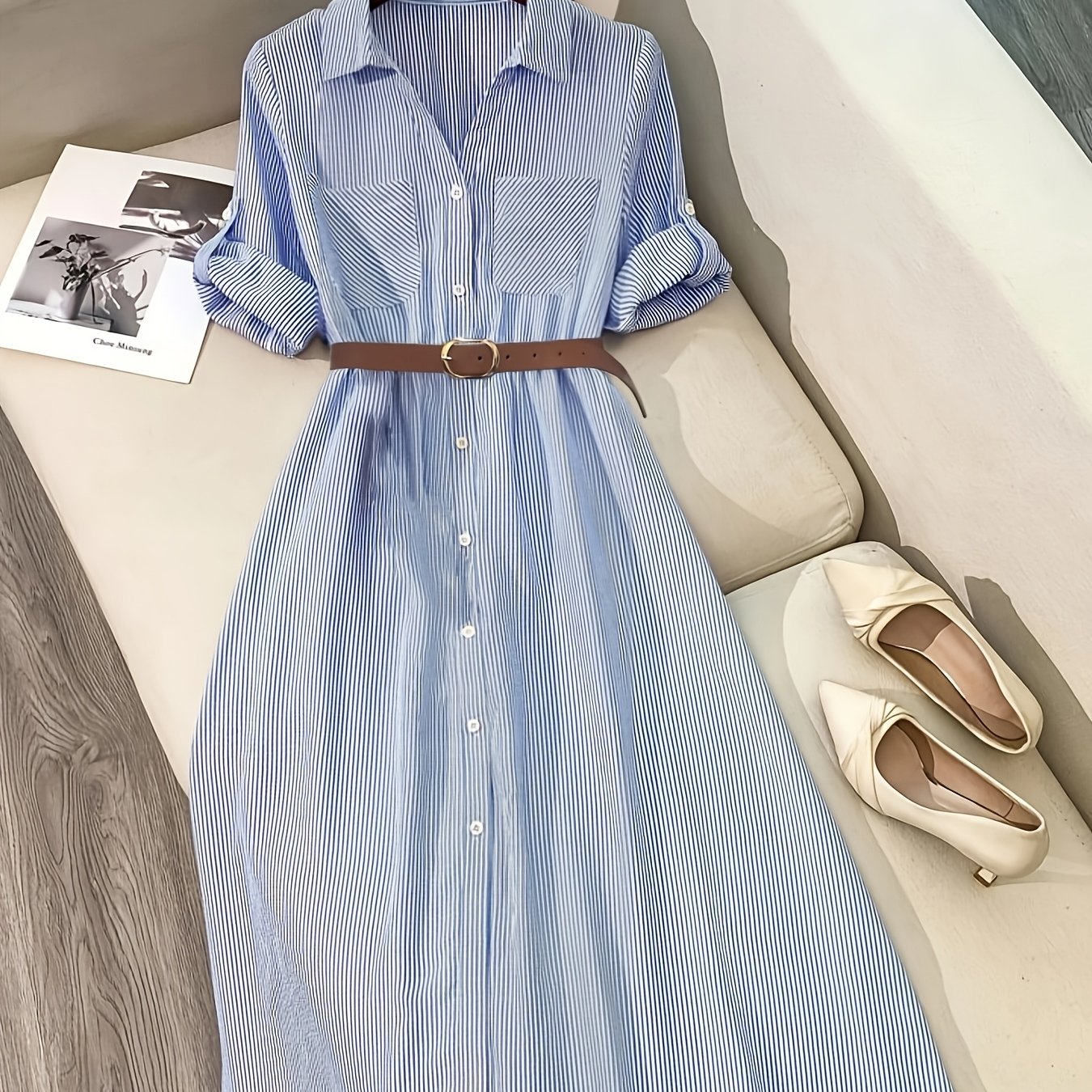 Striped Long Shirt Dress for Women – Button Front, Long Sleeves, Polo Collar, Belt and Pocket