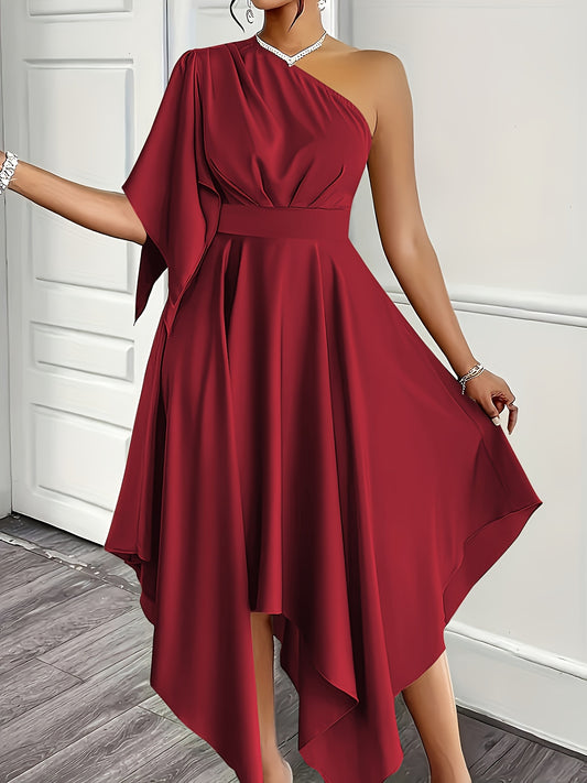 Wedding Guest Midi Dress for Women – One Shoulder, Asymmetrical Hem and A-Line Fit