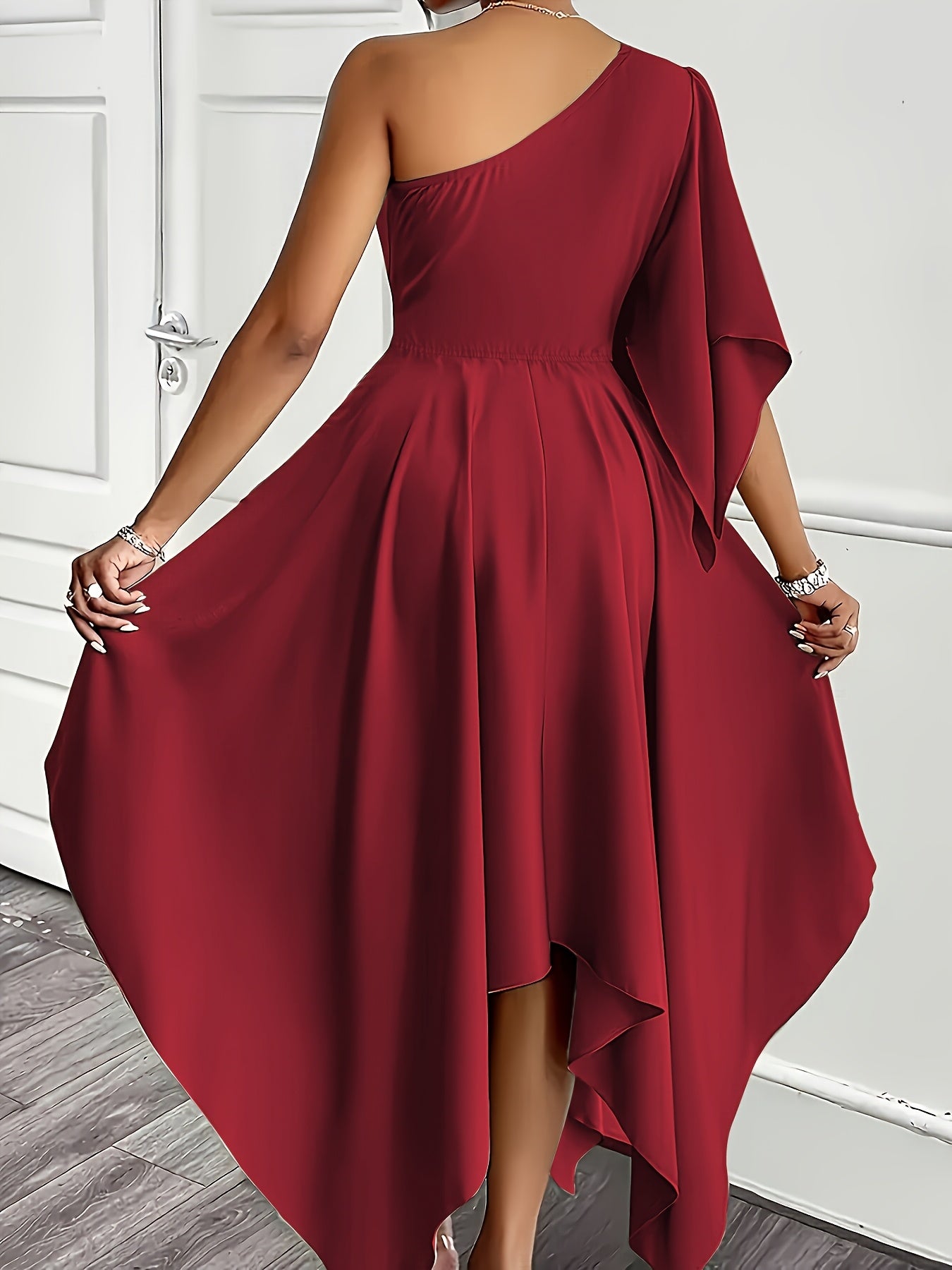 Wedding Guest Midi Dress for Women – One Shoulder, Asymmetrical Hem and A-Line Fit