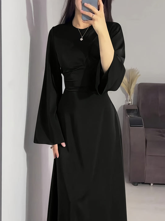 Long Sleeve Maxi Dress for Women – Crew Neck, Bell Sleeves, Ruched Waist and Back-Tie Detail