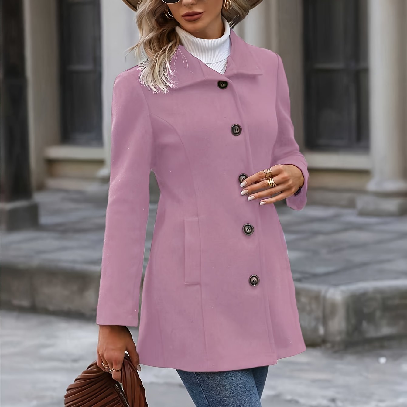 Coat for Women Stand Collar Mid Length Waist Cinched Coat with Pockets for Work