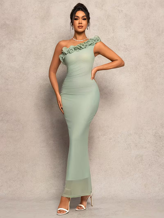 Wedding Guest Maxi Dress for Women – One Shoulder, Ruffle Neckline, Fitted Shape and Sheer Hem