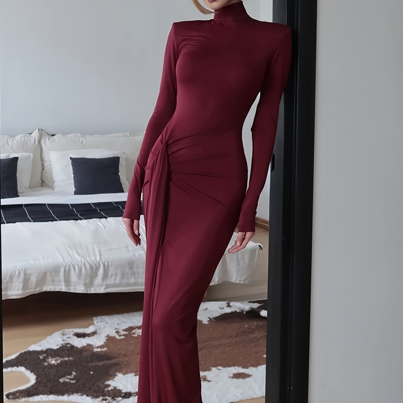 European And American 2025 Autumn And Winter New Fashion Sexy High Slit Strap Hip Wrap Women'S Long Dress New Spicy Shows Figure Internet Celebrity Same Style Party High Collar Slim Dress Women'S