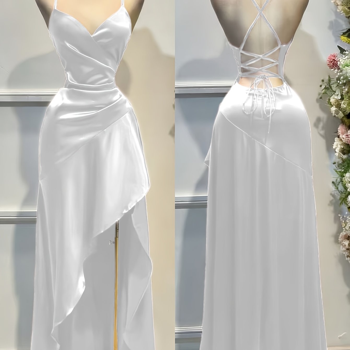 Satin Dress for Women Spaghetti Strap Ruched Open Back Party Wedding Guest Dress