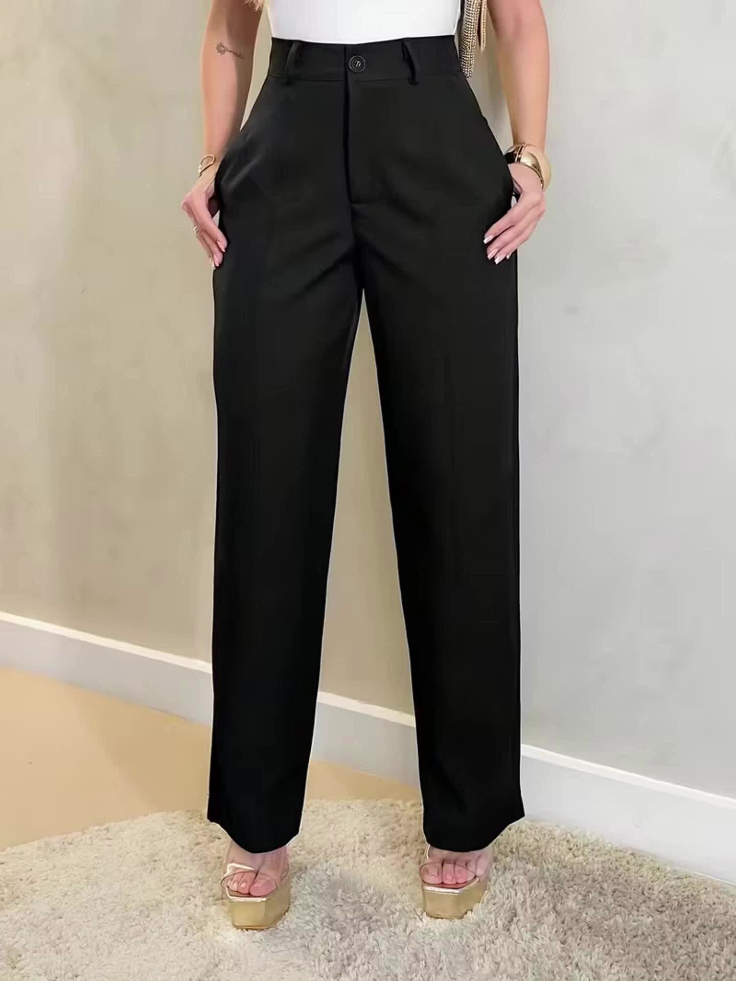Black Trousers Women Straight Leg Suit Pants with Pockets for Office Work Everyday