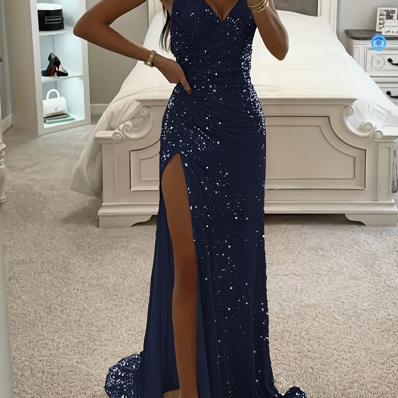 Sequin Dress for Women Spaghetti Strap High Split Party Dress for Birthday Evening Events
