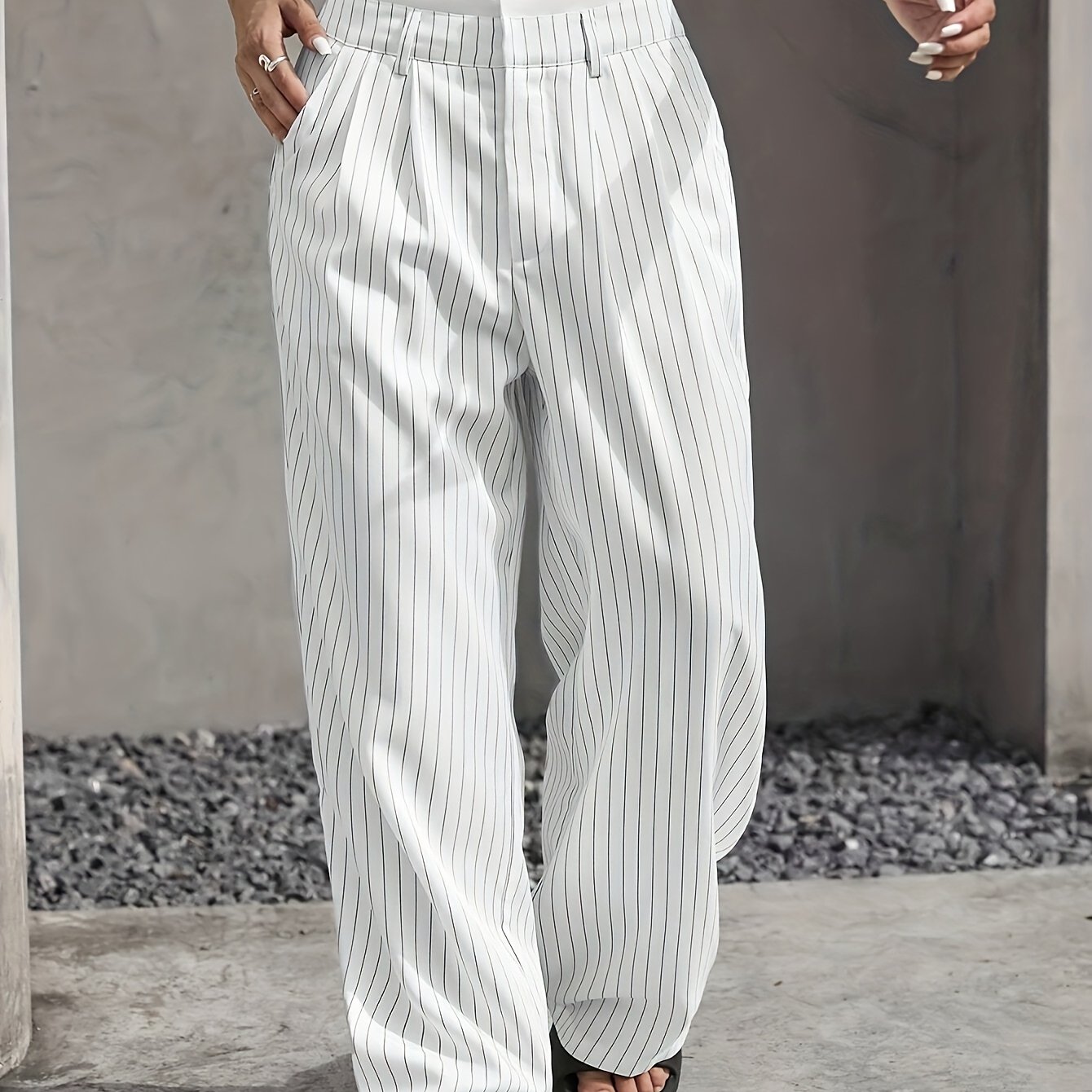 Early Autumn New Striped High-Waist Contrast Button-Closure Wide-Leg Suit Women'S Long Trousers