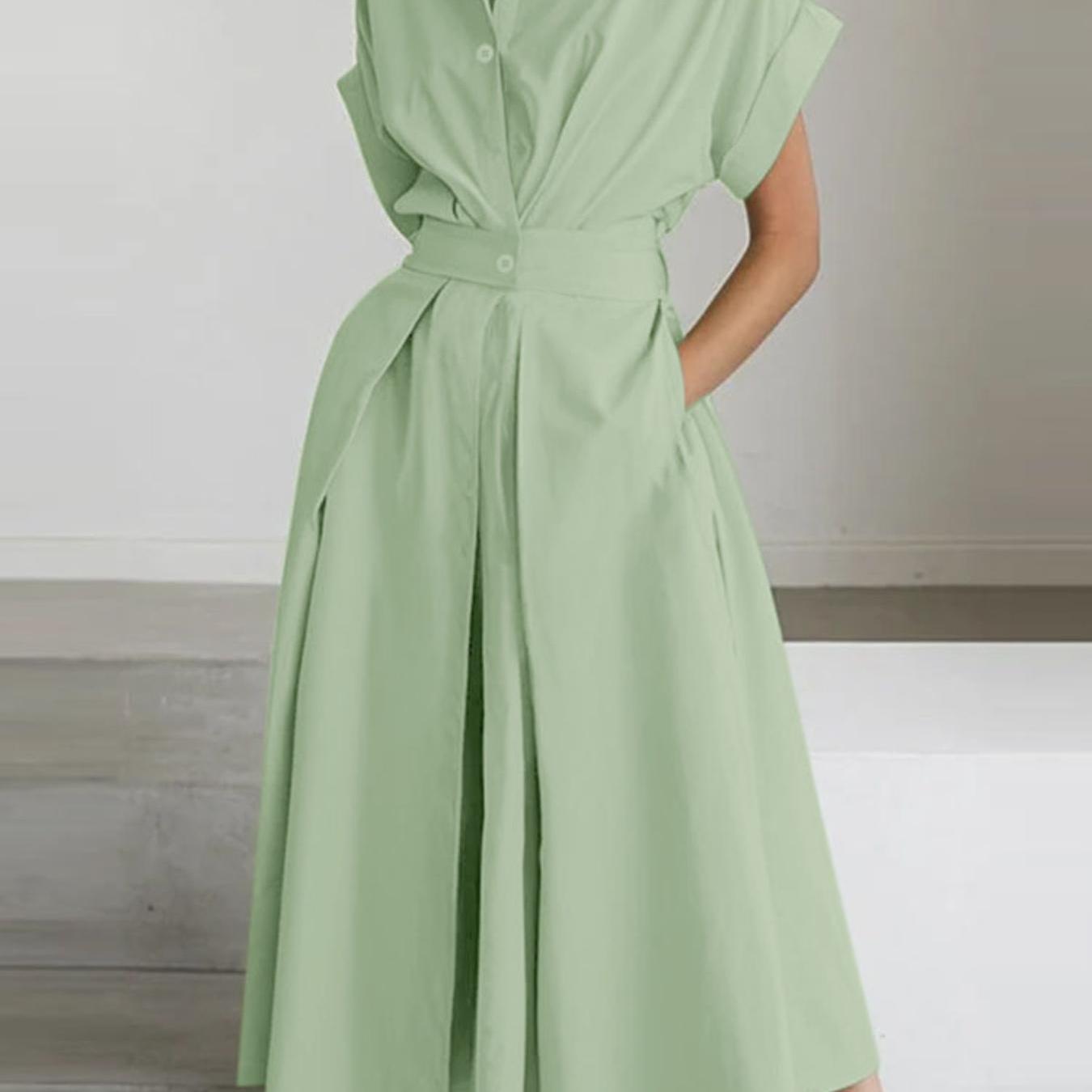 Women'S OL Style Solid Color Lapel Short Sleeve Front Buttons Up Waist Swing Street Style Easy All-Match Lightweight Casual Shirt Dress