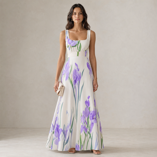Floral Summer Maxi Dress for Women – Square Neck, Sleeveless A-Line Fit and Zipper Closure