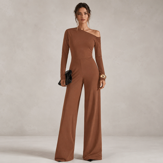 Wide Leg Party Jumpsuit for Women – Asymmetrical Neck, Long Sleeves and Palazzo Leg