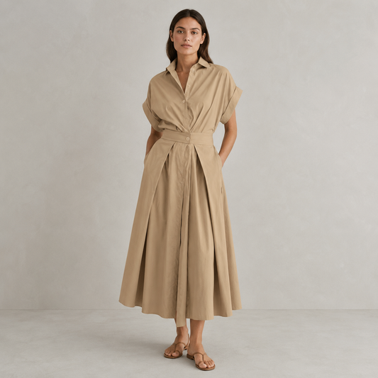 Maxi Shirt Dress for Women – Button Front, Lapel Collar, Short Sleeves and Tie Waist
