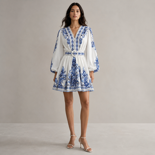 Floral Long Sleeve Mini Dress for Women – V-Neck, Lantern Sleeves, A-Line Fit and Waist Belt