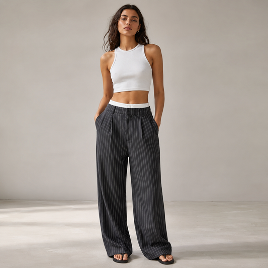 Striped Wide Leg Trousers for Women – High Waist, Suit Style, Button Closure and Pockets