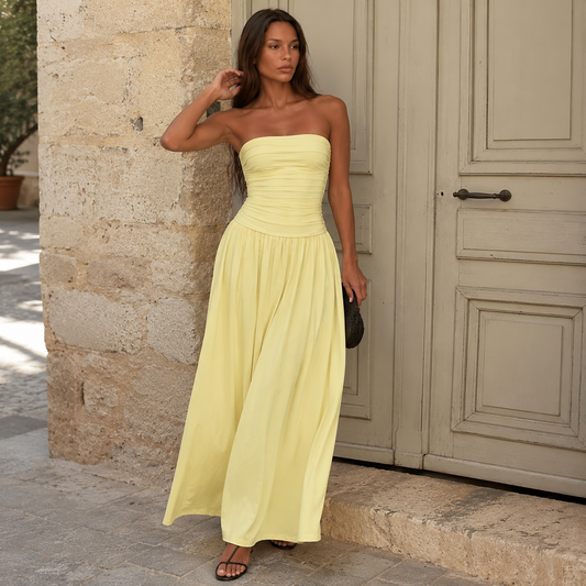 Strapless Summer Maxi Dress for Women – Ruched Bodice, Flowing Skirt and Thigh Split