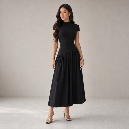 Midi Dress for Women Puff Sleeve Pleated Long Dress for Day Events Smart Casual Summer