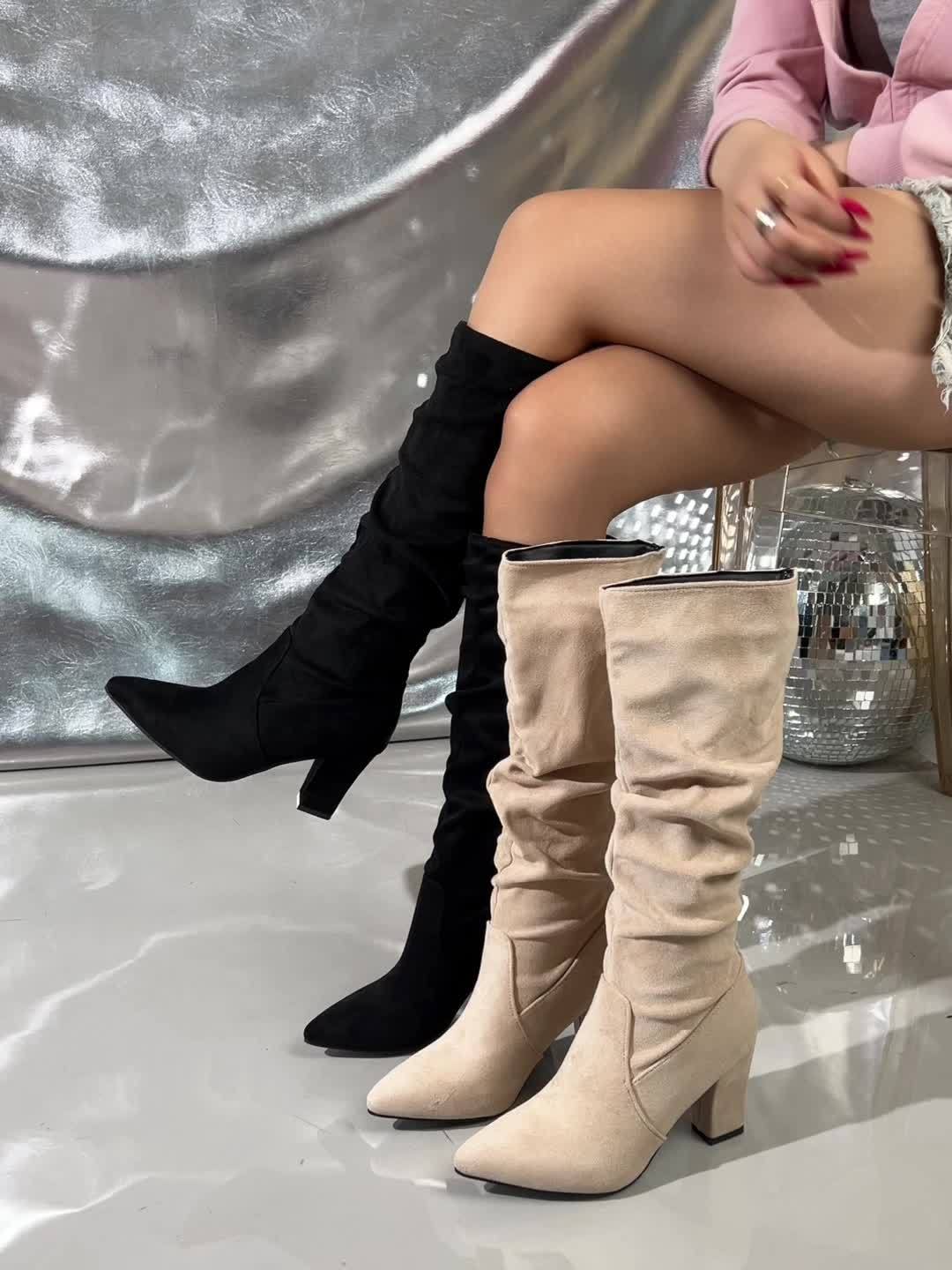 Knee High Boots for Women Velvet Chunky Heel Tall Boots for Autumn Winter Daywear