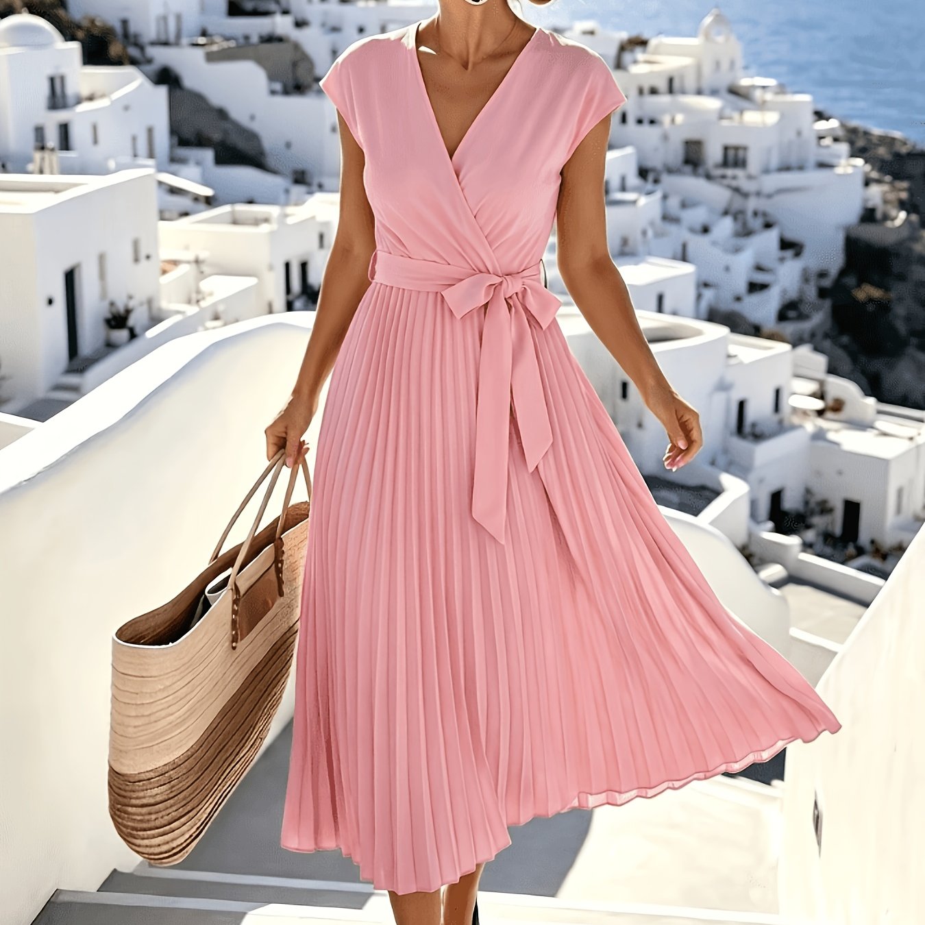Pleated Midi Dress for Women – V-Neck, Sleeveless Design, Tie Waist and Flared Hem