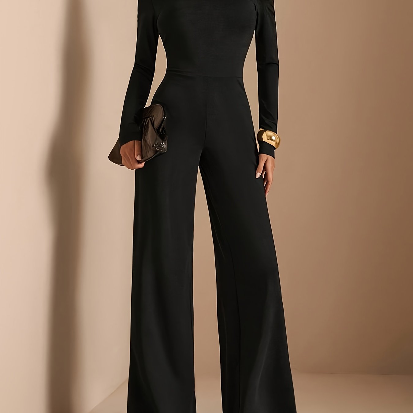 Wide Leg Party Jumpsuit for Women – Asymmetrical Neck, Long Sleeves and Palazzo Leg