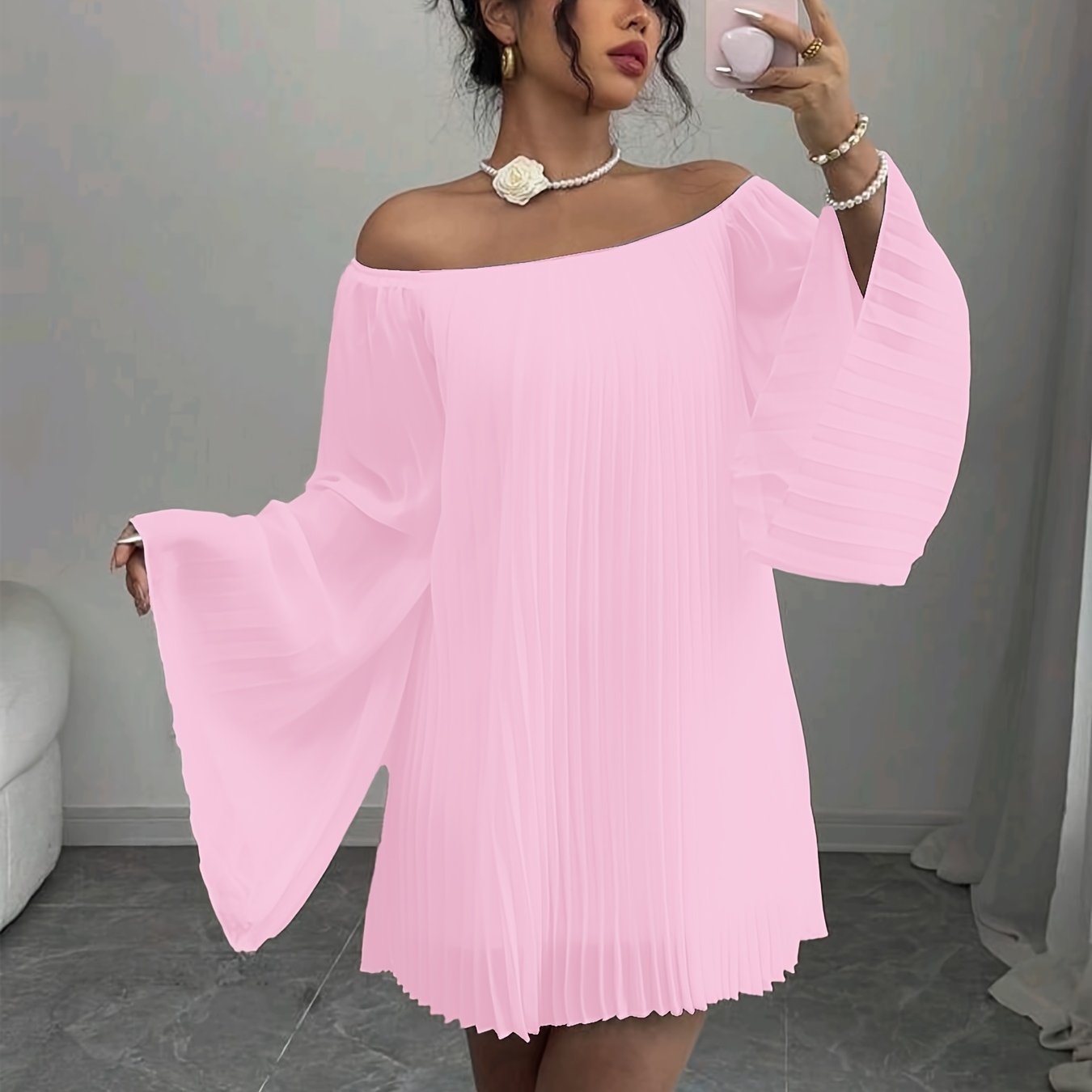Women'S Elegant Off-Shoulder Ruched Long Sleeve Chiffon Dress