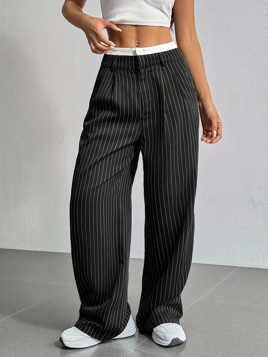 Striped Wide Leg Trousers for Women – High Waist, Suit Style, Button Closure and Pockets