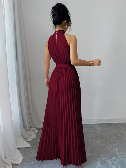 YY0328347, Women's Romantic Elegant A-Line Dress, Sleeveless Pleated Waist-cinching Long Dress