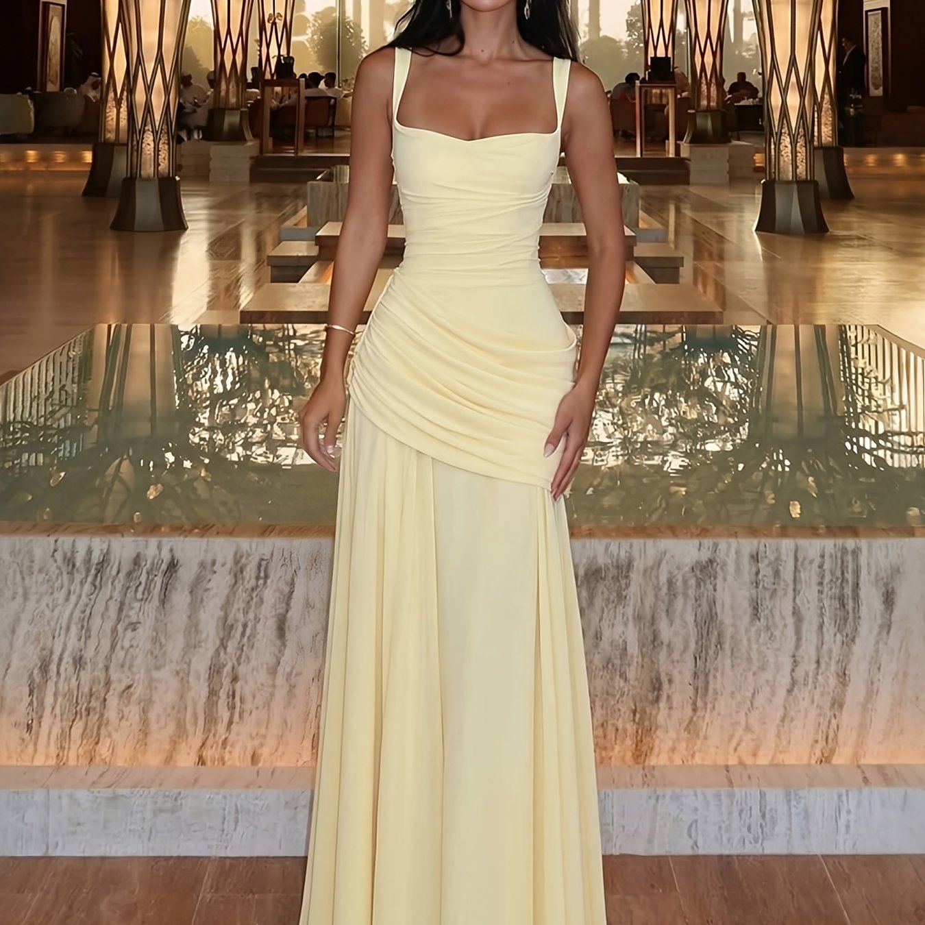 Women's Elegant Solid Color Maxi Dress, Square Neck Cross Back Evening Gown with Ruched Waist, Formal Party Roostertail Dress