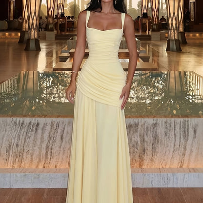 Women's Elegant Solid Color Maxi Dress, Square Neck Cross Back Evening Gown with Ruched Waist, Formal Party Roostertail Dress