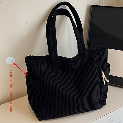 Corduroy Tote Bag for Women Multi Pocket Shoulder Bag for Commute Shopping Travel