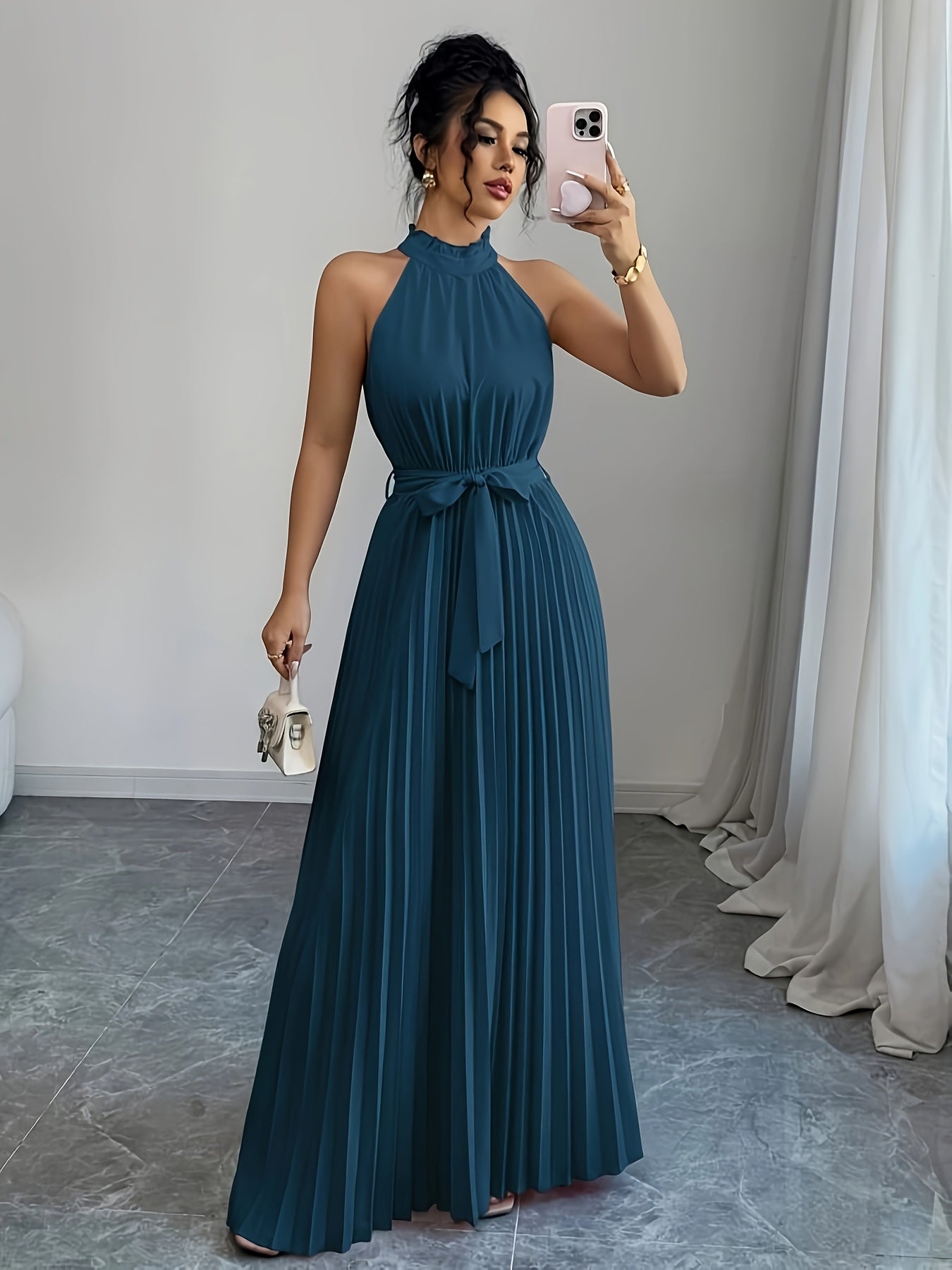 YY0328347, Women's Romantic Elegant A-Line Dress, Sleeveless Pleated Waist-cinching Long Dress