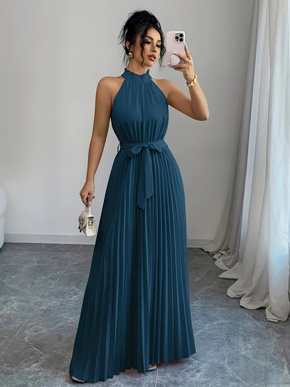 YY0328347, Women's Romantic Elegant A-Line Dress, Sleeveless Pleated Waist-cinching Long Dress