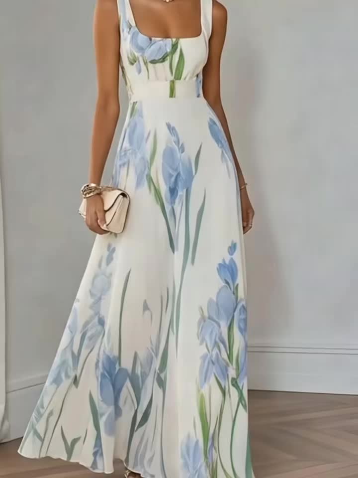 Elegant Women's Floral Print Square Neck A-Line Loose Fit Midi Dress, Suitable for Outings in Spring and Summer, Exquisite