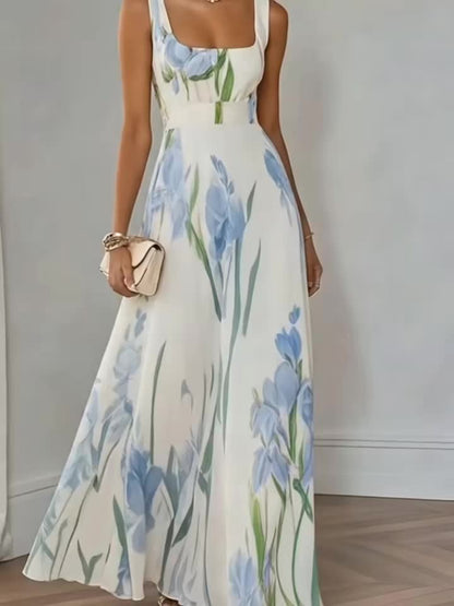 Elegant Women's Floral Print Square Neck A-Line Loose Fit Midi Dress, Suitable for Outings in Spring and Summer, Exquisite