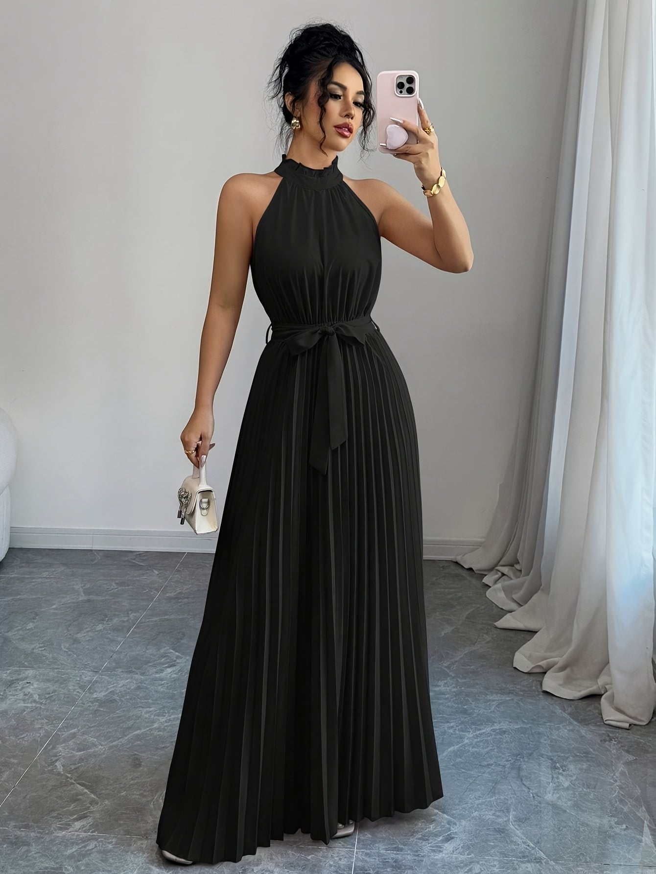 YY0328347, Women's Romantic Elegant A-Line Dress, Sleeveless Pleated Waist-cinching Long Dress
