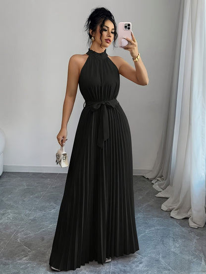 YY0328347, Women's Romantic Elegant A-Line Dress, Sleeveless Pleated Waist-cinching Long Dress