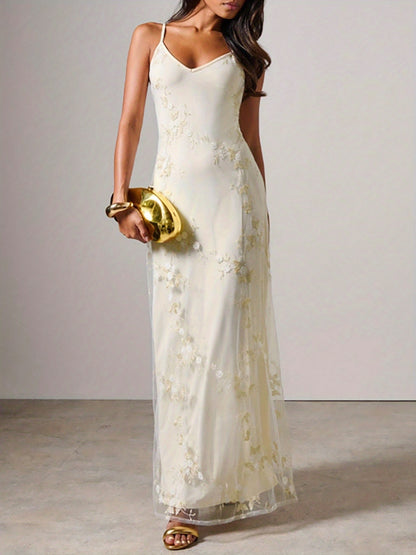 Maxi Slip Dress, Mesh Embroidered, Rehearsal Dinner Dress Wedding Guest Dress, Summer Fall