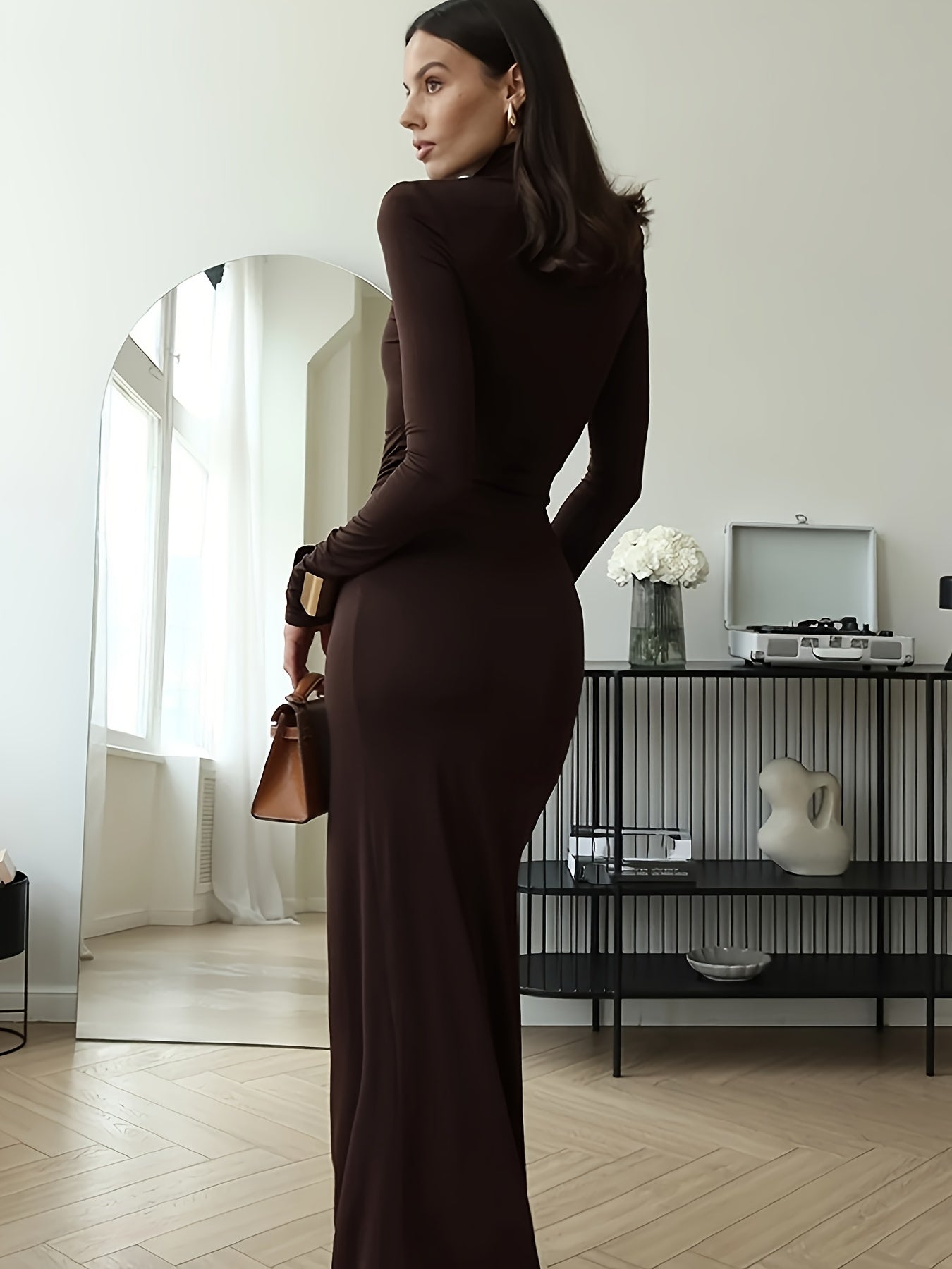 European And American 2025 Autumn And Winter New Fashion Sexy High Slit Strap Hip Wrap Women'S Long Dress New Spicy Shows Figure Internet Celebrity Same Style Party High Collar Slim Dress Women'S