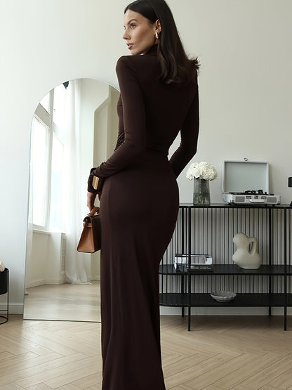 European And American 2025 Autumn And Winter New Fashion Sexy High Slit Strap Hip Wrap Women'S Long Dress New Spicy Shows Figure Internet Celebrity Same Style Party High Collar Slim Dress Women'S