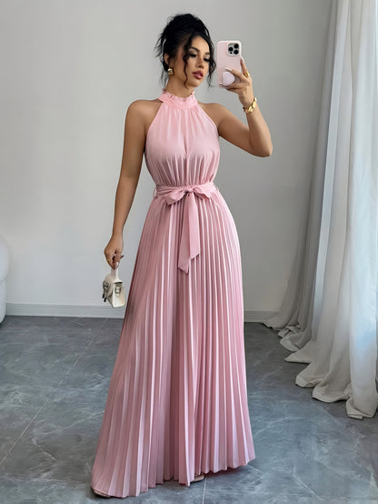 YY0328347, Women's Romantic Elegant A-Line Dress, Sleeveless Pleated Waist-cinching Long Dress