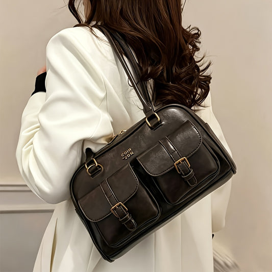 Structured Leather Tote Bag for Women Zip Pockets Large Capacity for Work Travel Everyday