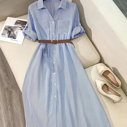 [Elegant Shirt Dress] Elegant Casual Women's Long Shirt Dress | Striped Long-Sleeve Single-Breasted Button Pocket with Belt