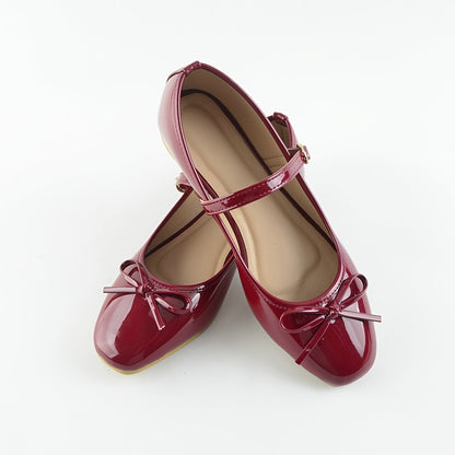 Mary Jane Shoes for Women Wine Red Bow Strap Flat Shoes for Office Daywear Outfits