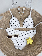 [Basic Design Bikini] Basic Design Bikini Set - Brown and White Polka Dot Triangle Top with Adjustable Ties, Low-Waist Bottoms - Simple Vacation Swimwear