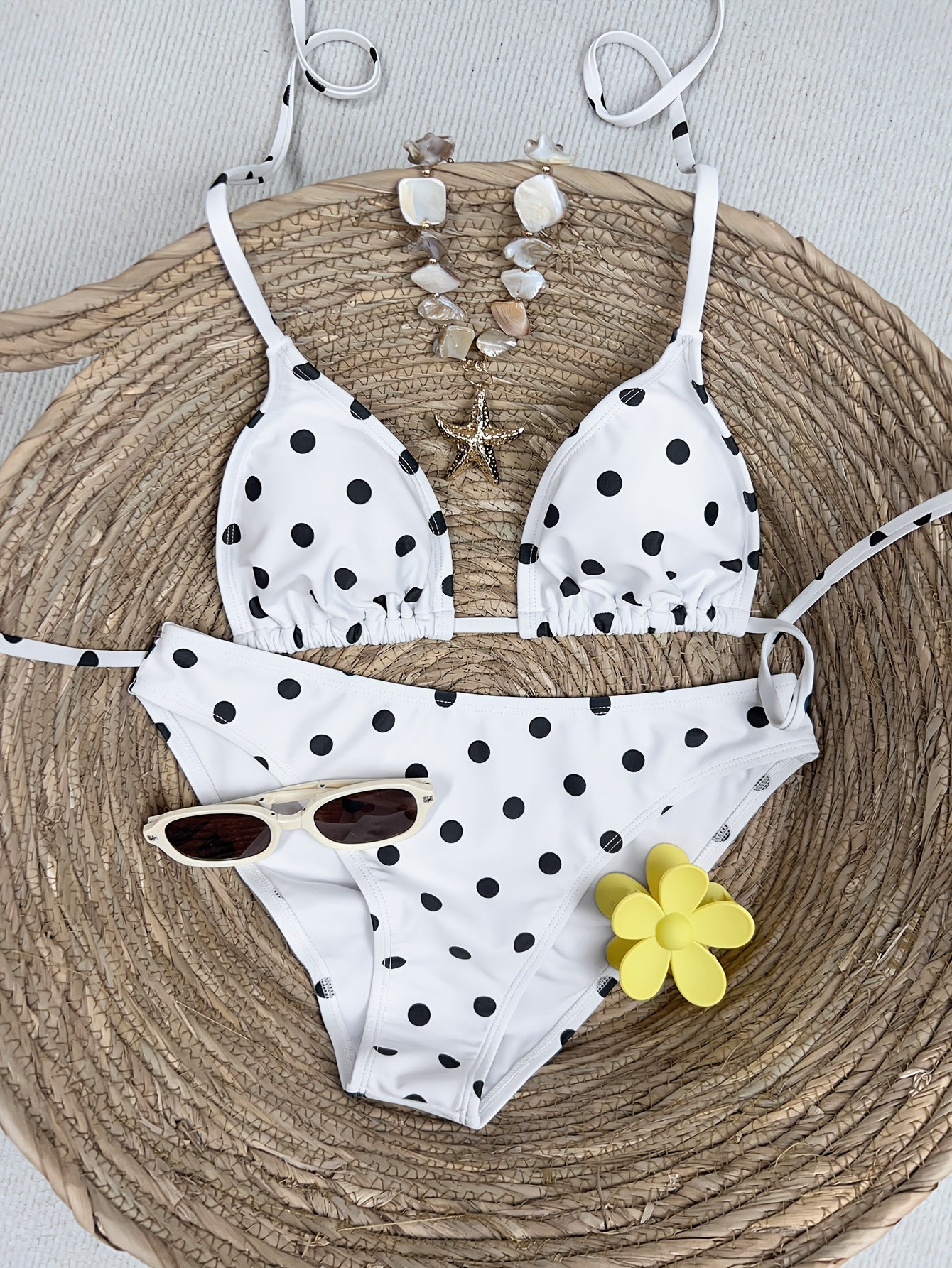 [Basic Design Bikini] Basic Design Bikini Set - Brown and White Polka Dot Triangle Top with Adjustable Ties, Low-Waist Bottoms - Simple Vacation Swimwear
