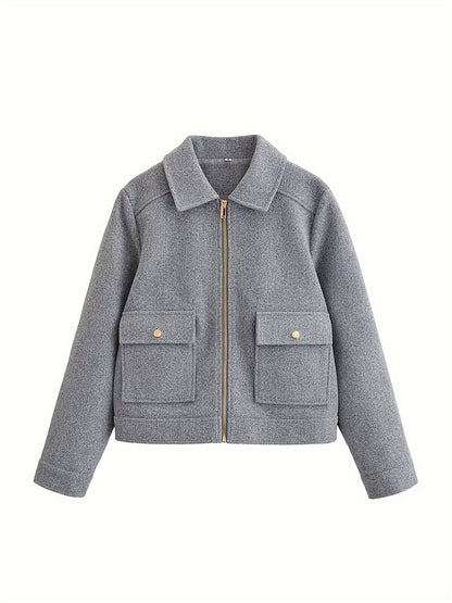 Short Coat for Women Zip Front Jacket with Pockets for Autumn Winter Everyday