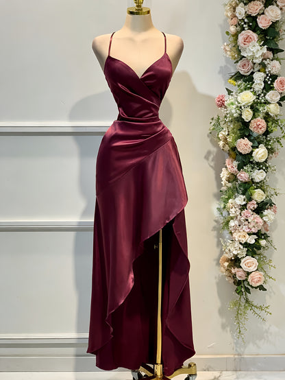 Satin Dress for Women Spaghetti Strap Ruched Open Back Party Wedding Guest Dress