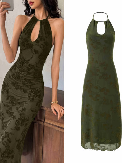Midi Dress for Women Floral Flocked Tulle Backless Mesh Dress for Wedding Guest Events