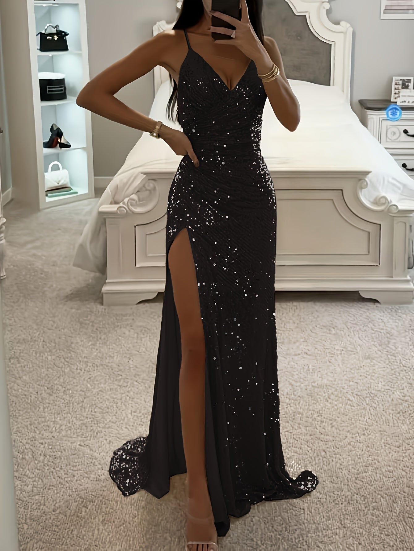 Sequin Dress for Women Spaghetti Strap High Split Party Dress for Birthday Evening Events