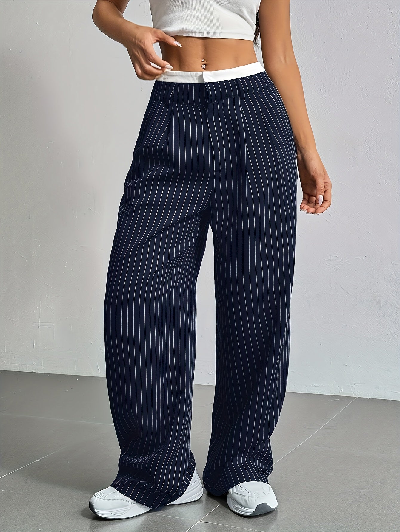 Early Autumn New Striped High-Waist Contrast Button-Closure Wide-Leg Suit Women'S Long Trousers