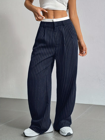 Early Autumn New Striped High-Waist Contrast Button-Closure Wide-Leg Suit Women'S Long Trousers